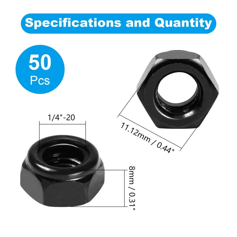 Yinpecly 50Pcs 1/4"-20 Nylon Insert Hex Lock Nuts 304 Stainless Steel Locknuts Self-Locking Nut, Standard Inch Threaded Nylock Nuts, Hex Drive, Zinc Plated Black - Image 2